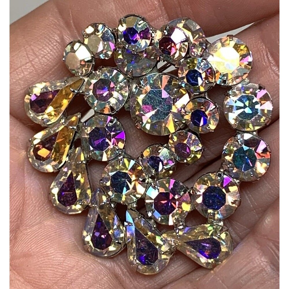 Vintage Weiss Brooch Aurora Borealis Costume Jewelry Pin Clear Rhinestone